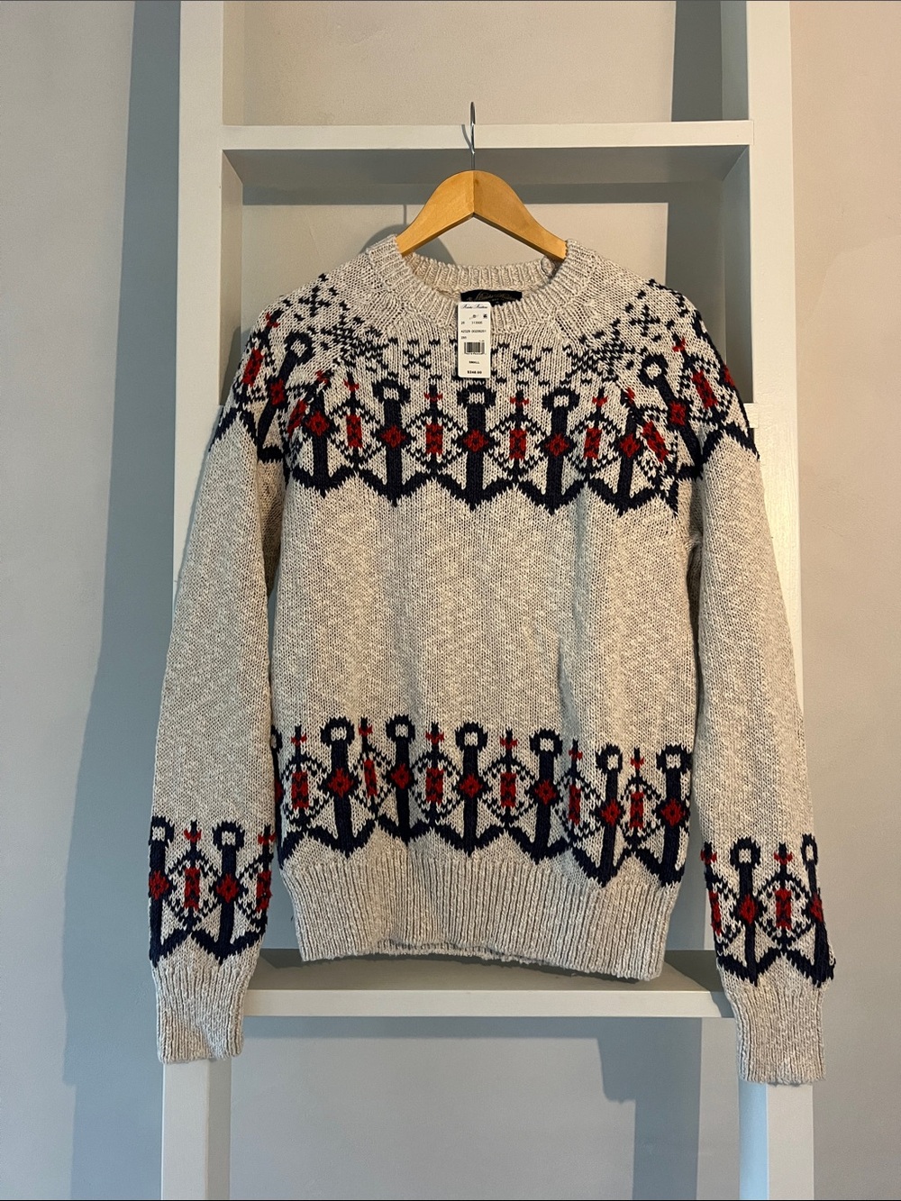 Crewneck Fair Isle Sweater - Ivory with Navy & Red Pattern